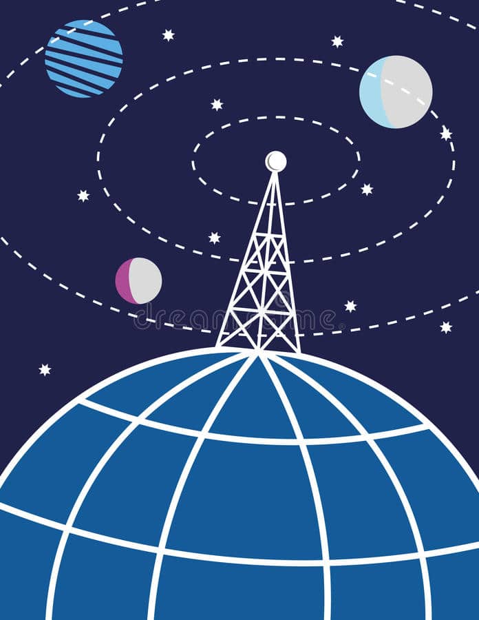 radio tower on globe cartoonish blue ish with planets watermarked